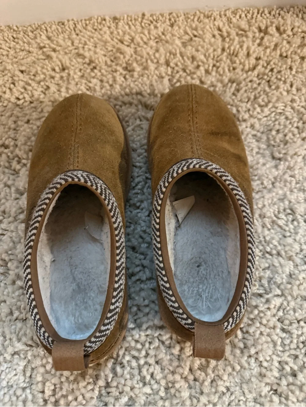 Koolaburra Kids Tan Suede Slip-On Slippers with Patterned Trim